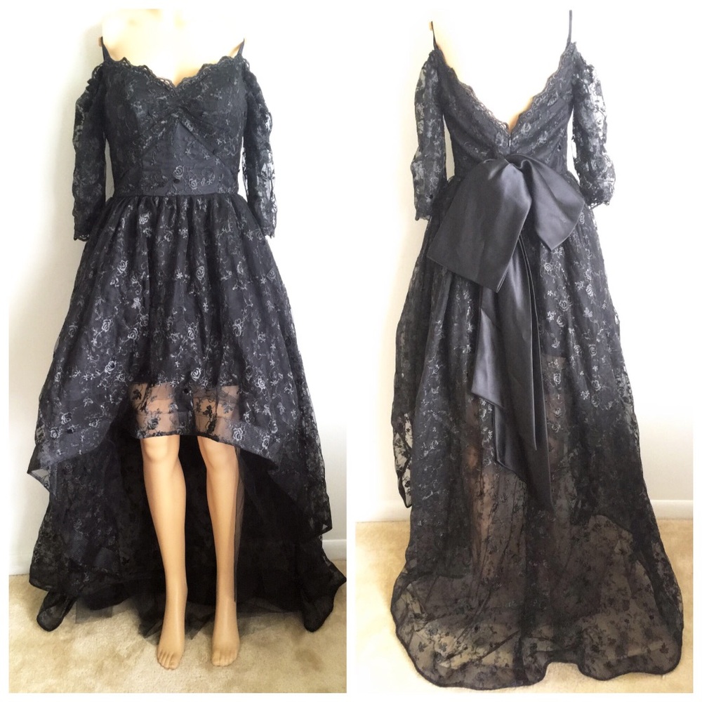 VTG 80s High Low Lace Gothic Black Wedding Dress S